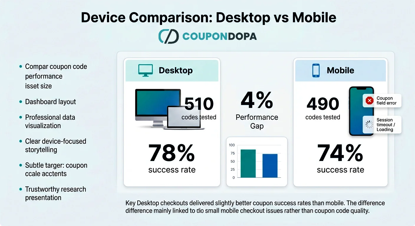 Desktop vs mobile coupon code success rate comparison from Coupondopa coupon code study