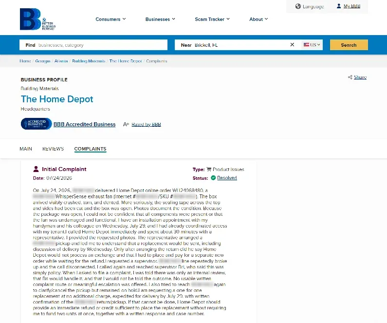 Home Depot BBB Complaints