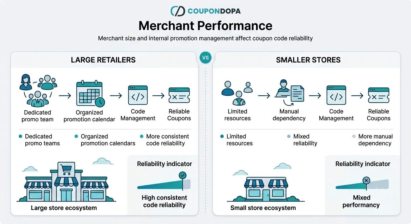 Merchant performance comparison showing coupon code reliability for large retailers vs smaller stores