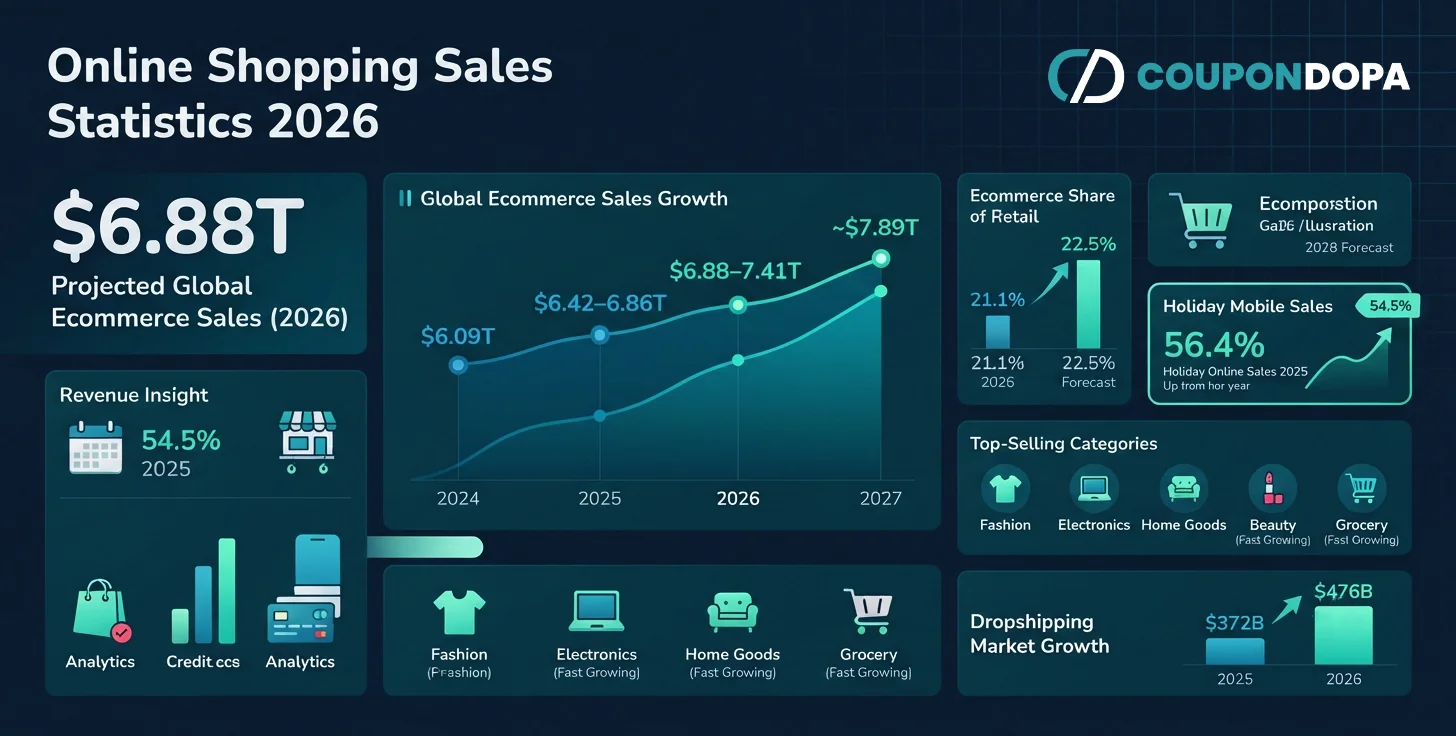 Online shopping sales statistics 2026 infographic featuring global ecommerce sales growth, retail share, top-selling categories, and market forecasts.