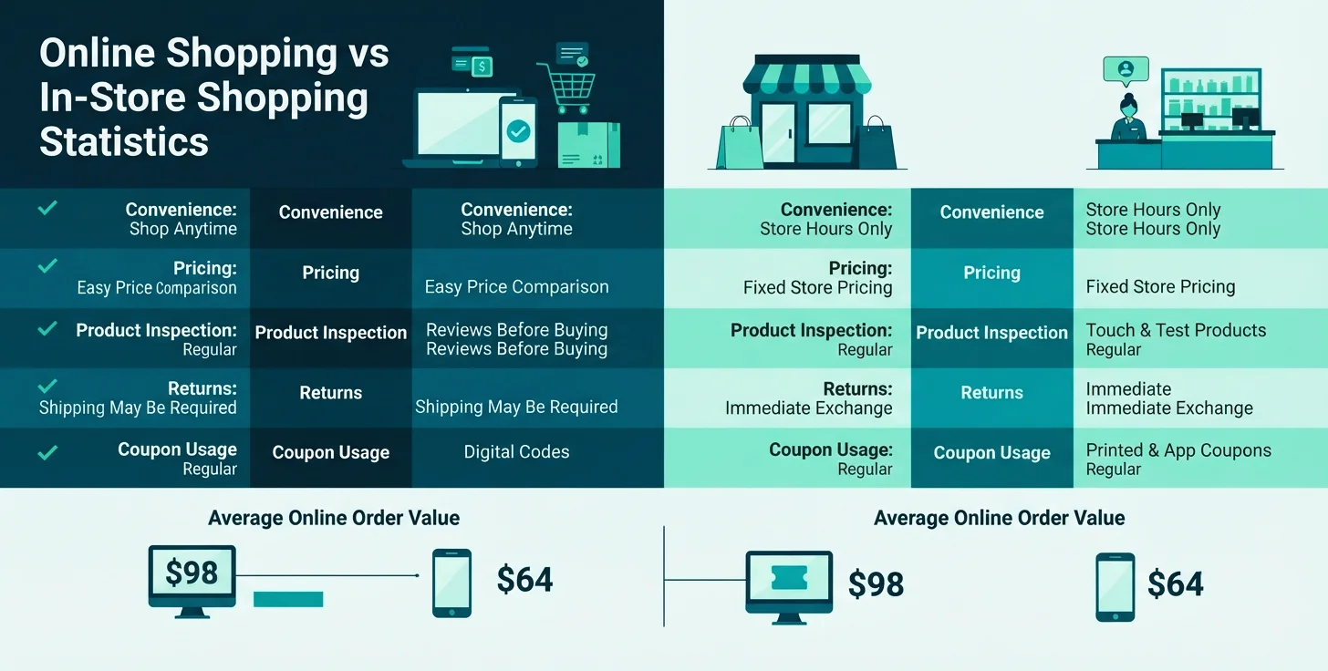 Online shopping trends 2026 infographic covering AI shopping assistants, mobile commerce, social commerce, BNPL, and personalized shopping.