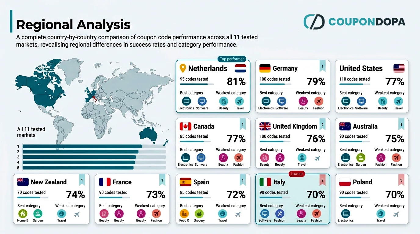 Regional analysis of coupon code success rates across 11 countries in the Coupondopa study